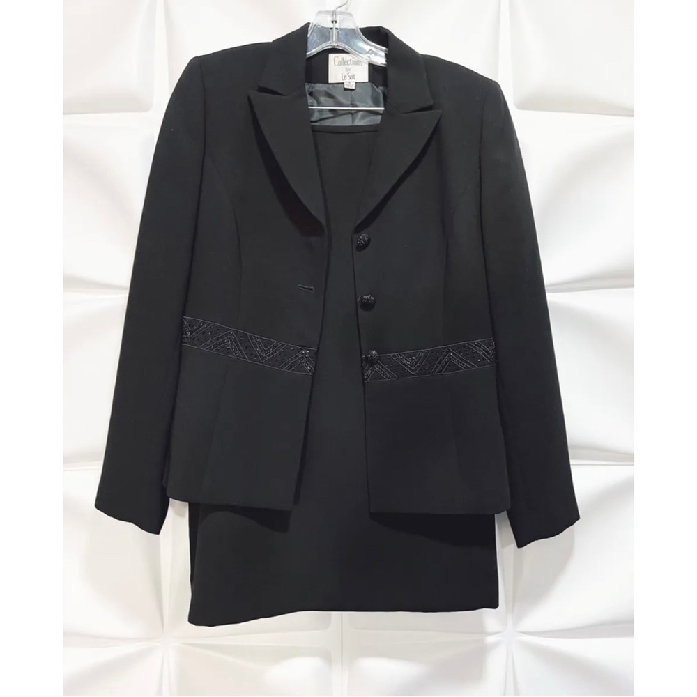 Le Suit Women Sz 6 Black Beaded Peplum Style Blazer Jacket Skirt Suit Set Formal